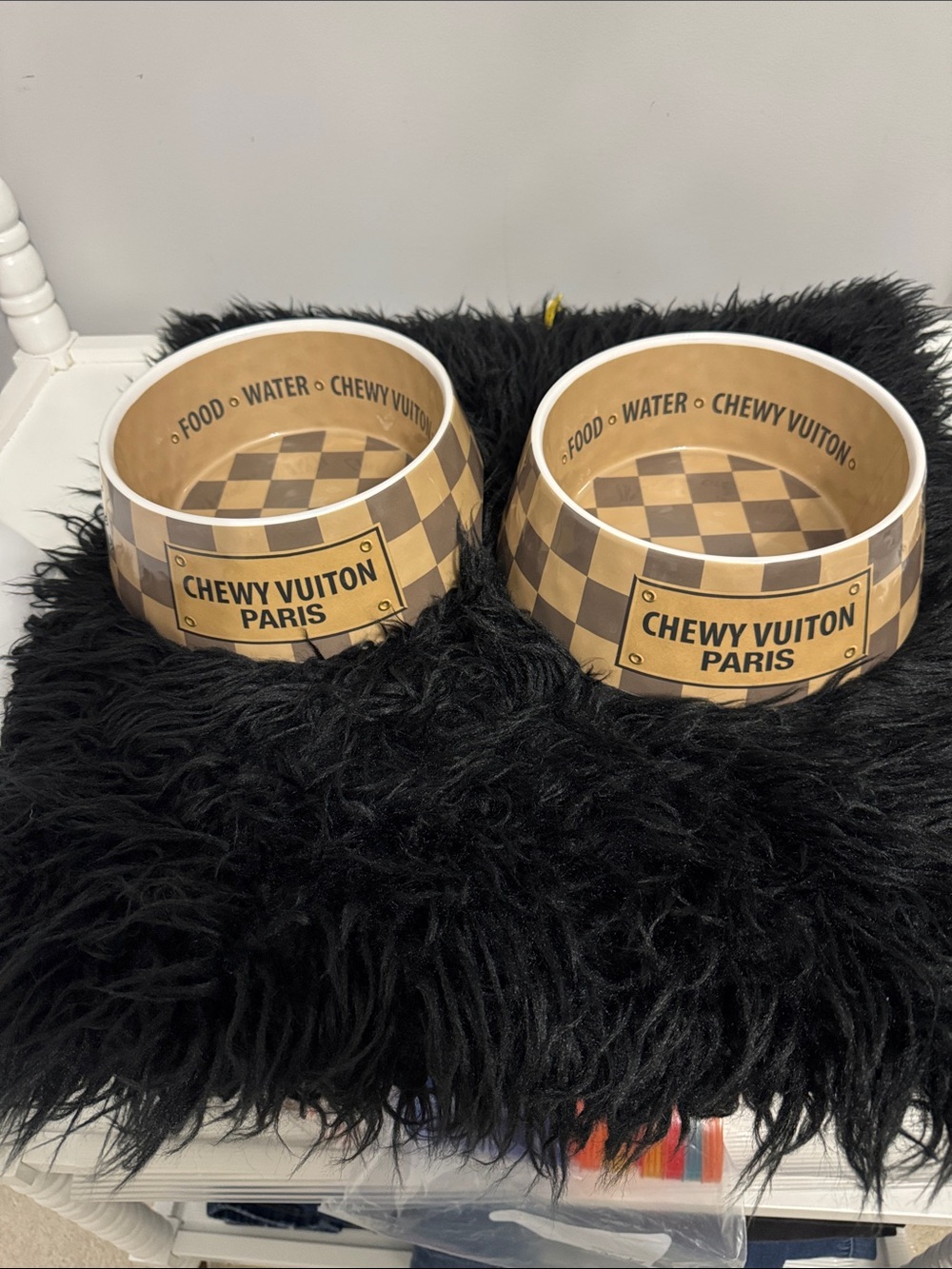 Paris Brown Check Ceramic Pet Bowl Set - Tan & Brown